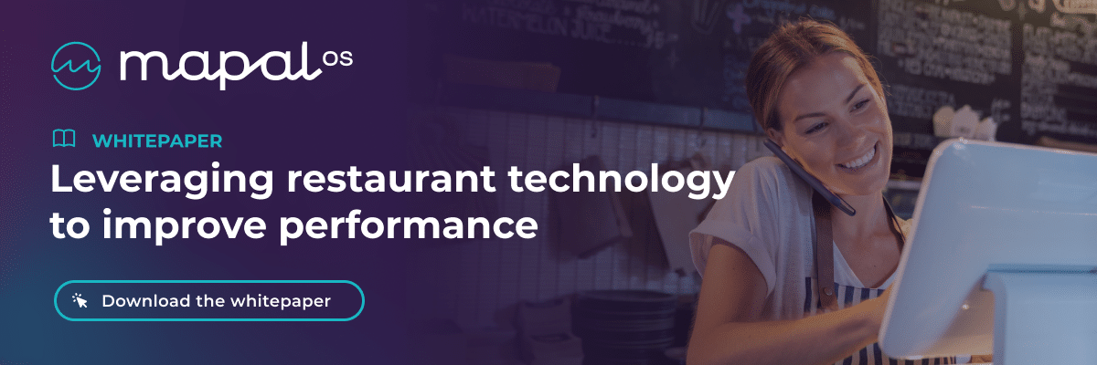 A smiling woman uses a touchscreen in a restaurant. Text reads, Leveraging restaurant technology to improve performance. Button: Download the white paper. Mapal OS logo is visible.