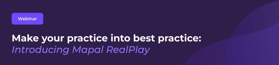 Dark purple banner with a Webinar button and text: Make your practice into best practice: Introducing Mapal RealPlay in white and light purple font.