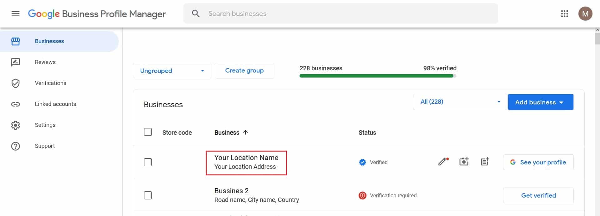 Google Business Profile Manager dashboard showing a business list. One business, Your Location Name, has a verified status. Menu options appear on the left, and a Create group button is above the business list.