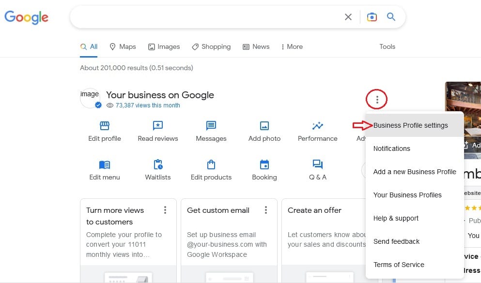 Screenshot of a Google Business profile page with the menu open, showing options like Business Profile settings. A red arrow points to this option from a three-dot menu beside the business cover photo.