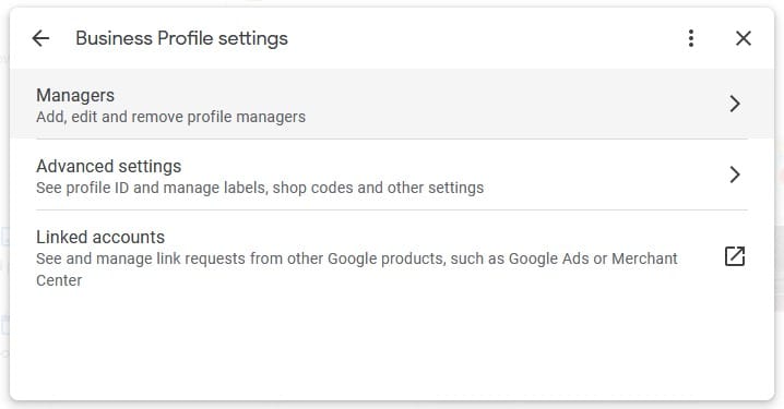 Screenshot of Business Profile settings with three options: Managers, Advanced settings, and Linked accounts, each with a brief description of their functions.