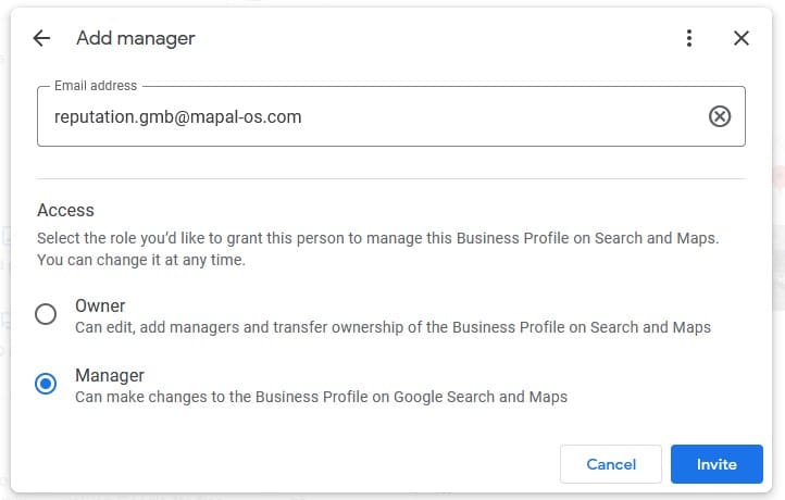 Screenshot of Add manager dialogue for Google Business Profile, showing an email entered and Manager access selected. Buttons for Cancel and Invite are at the bottom right.