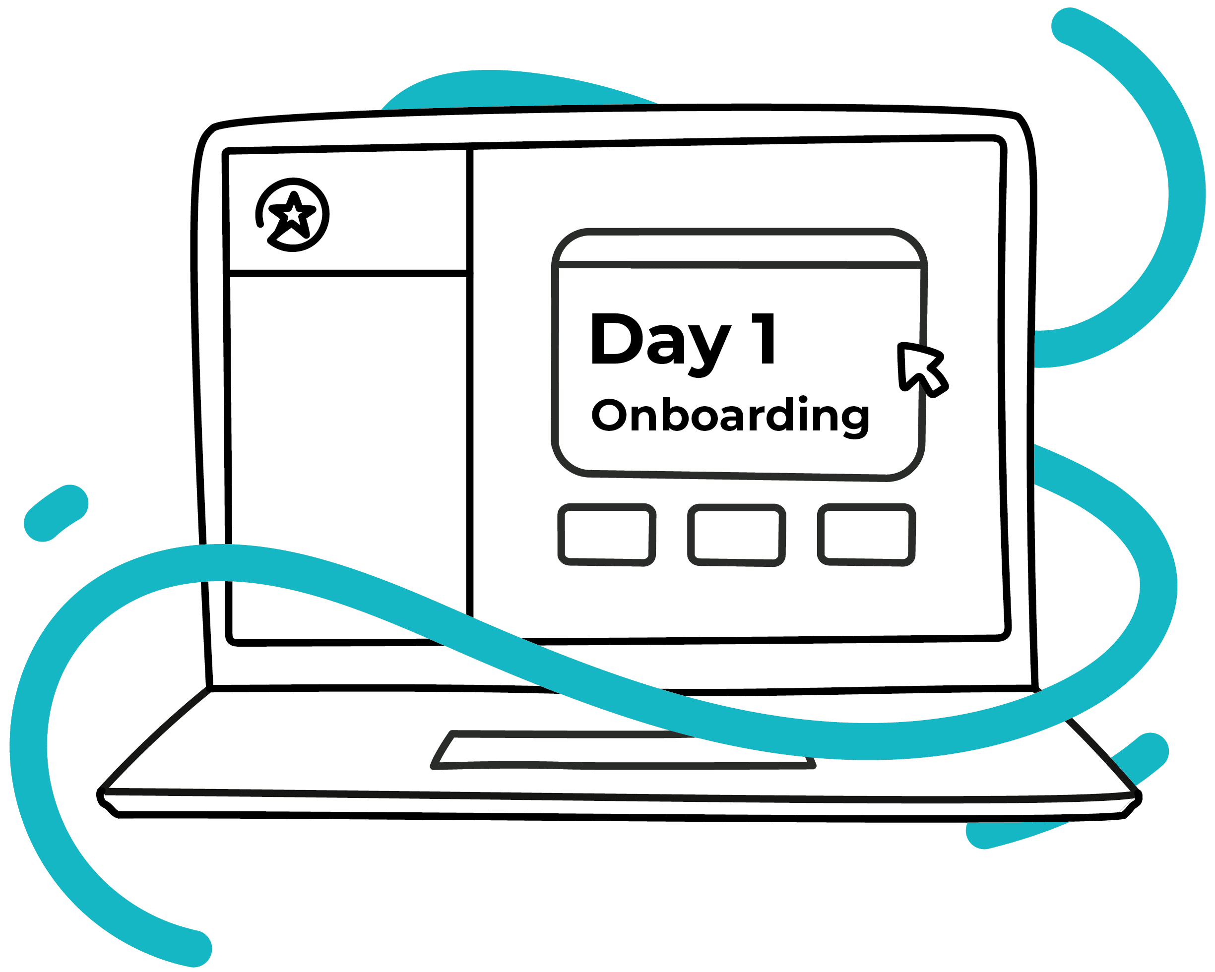 A laptop screen displays Day 1 Onboarding with a cursor pointing to it. Blue squiggles decorate the image, and there are menu icons and a star symbol on the left side of the screen.