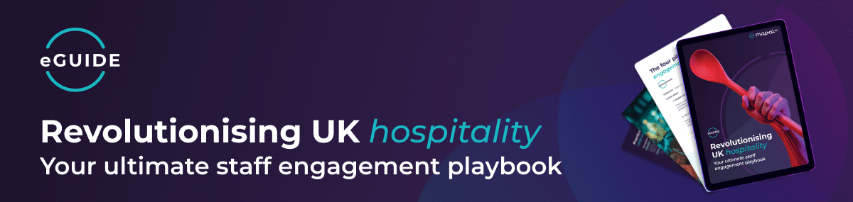 Banner promoting an eGuide titled Revolutionising UK hospitality: Your ultimate staff engagement playbook, featuring a tablet displaying the eGuide cover with a person holding a large red spoon.