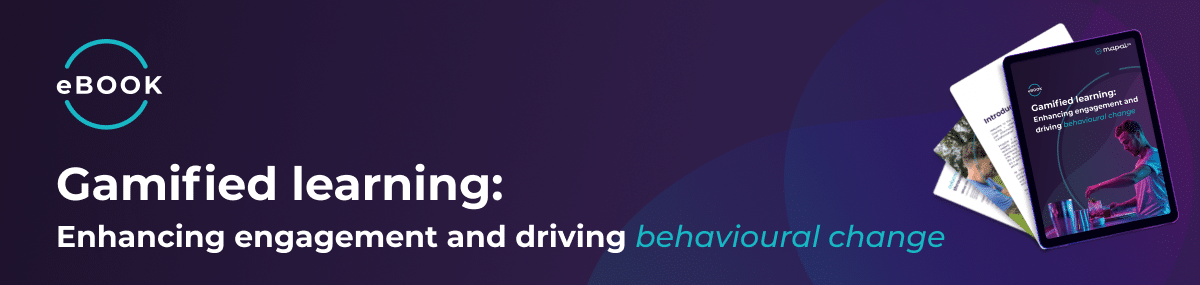 Banner with eBOOK and text: Gamified learning: Enhancing engagement and driving behavioural change. Includes an open book and a tablet showing a digital eBook cover. Background is dark purple with gradients.