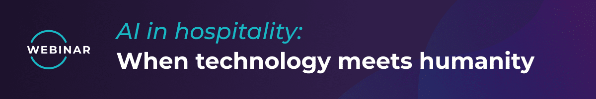 Webinar banner with the text: AI in hospitality: When technology meets humanity on a dark purple background.