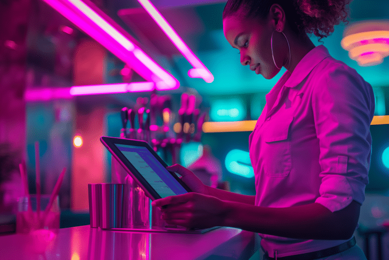 A woman in a neon-lit bar uses a digital tablet whilst standing at the counter, with colourful lights reflecting off nearby surfaces and bar equipment in the background.