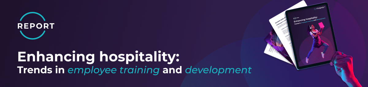 A banner with the text: REPORT. Enhancing hospitality: Trends in employee training and development alongside hands holding a digital tablet and a document.
