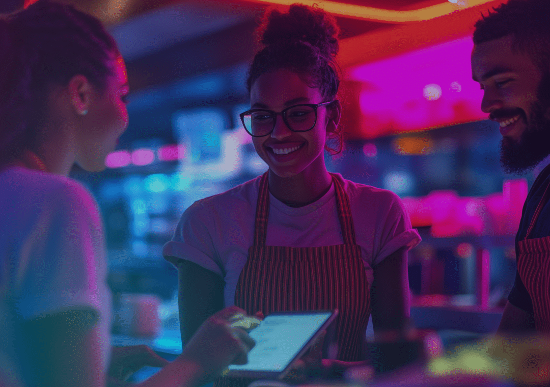 Three people wearing aprons smile and talk in a brightly lit diner with vivid neon lighting. One person holds a tablet, possibly taking orders, whilst the others stand behind the counter.