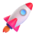 A simple cartoon rocket ship with a white body, pink fins, a blue window, and orange flames coming from the bottom, flying upwards on a plain background.