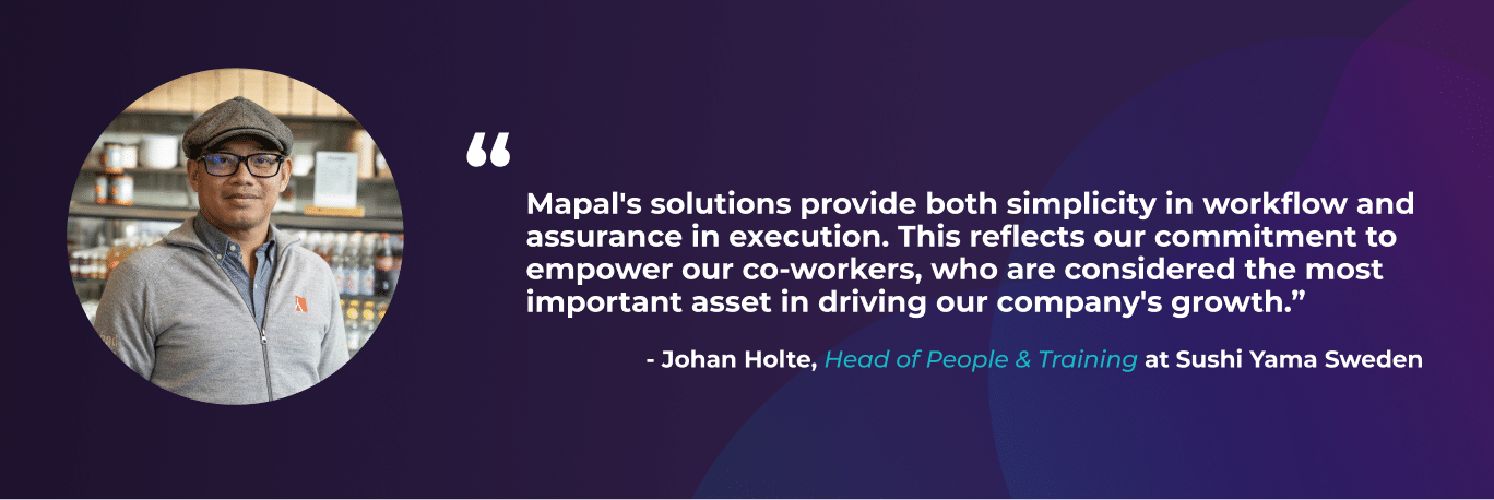 A man in glasses and a cap stands in front of shelves. Next to him is a quotation praising Mapal's solutions, attributed to Johan Holte, Head of People & Training at Sushi Yama Sweden.