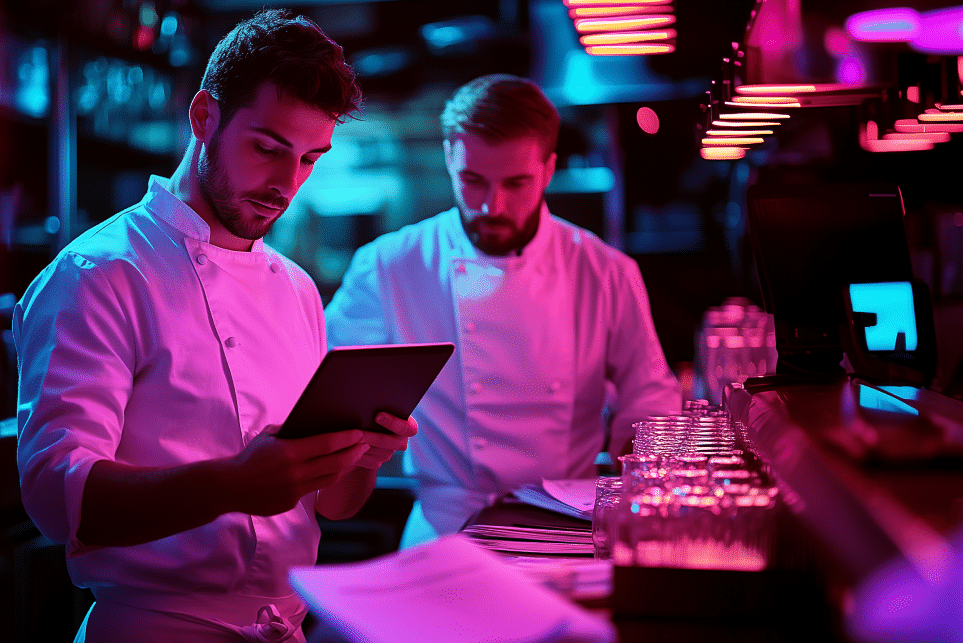 Two chefs in white uniforms stand behind a bar with glasses, one using a tablet and the other looking down, illuminated by vibrant pink and purple lighting.