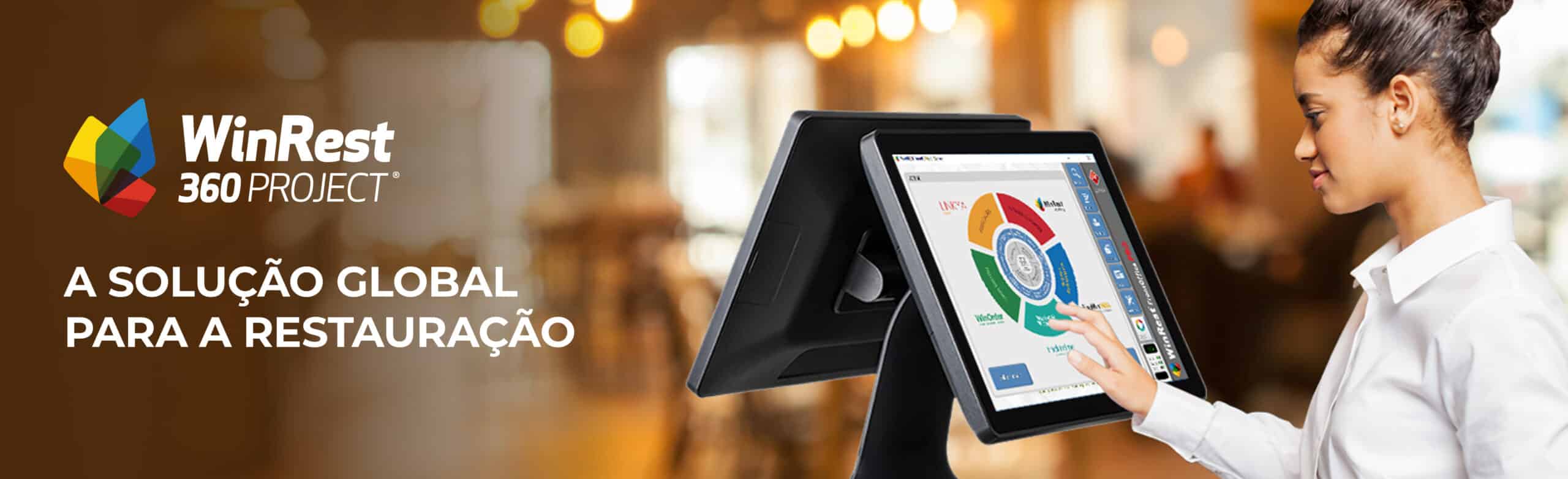 A woman using a touchscreen point-of-sale system in a restaurant with the text WinRest 360 Project: A solução global para a restauração and a blurred background of lights and customers.