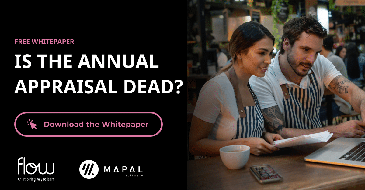 A man and woman in aprons work together at a table with papers and a laptop. Text reads: Is the Annual Appraisal Dead? Download the White Paper. Logos for Flow and Mapal are shown.
