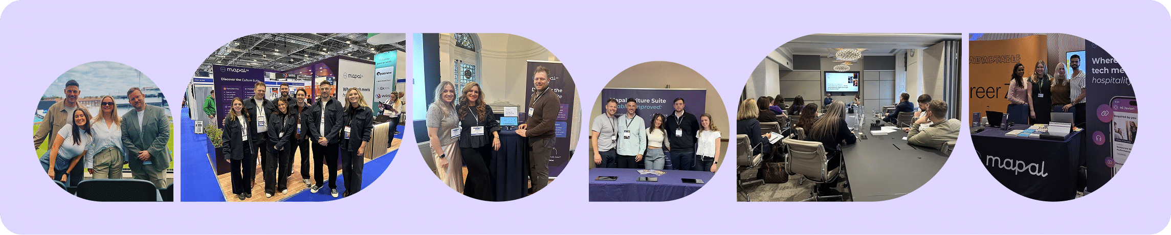 A collage of six photos featuring groups of people at conferences, stands, and presentations, interacting in professional and casual settings.