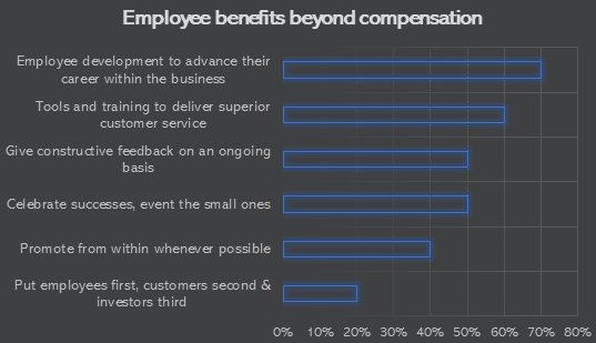 Bar chart titled Employee benefits beyond remuneration showing six benefits, with Employee development to advance their career within the business being the most common and Put employees first being the least common.