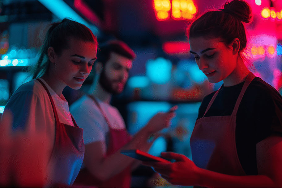 Three young people in aprons work in a dimly lit, neon-lit restaurant kitchen. Two women focus on a digital tablet, whilst a man in the background points and looks towards them.