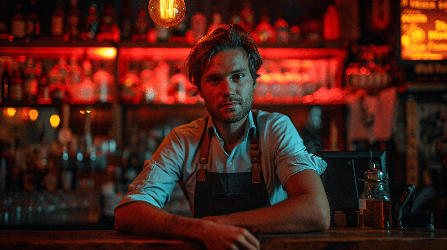 A barman with light brown hair and a blue shirt leans on a bar counter in a dimly lit bar, illuminated by warm, orange-red lighting and surrounded by bottles and glasses.