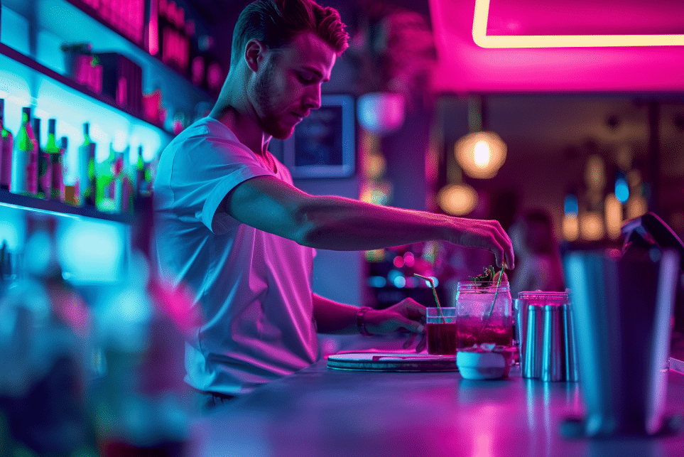 A barman garnishes a cocktail at a neon-lit bar, surrounded by bottles and glassware, creating a vibrant, modern nightlife atmosphere.